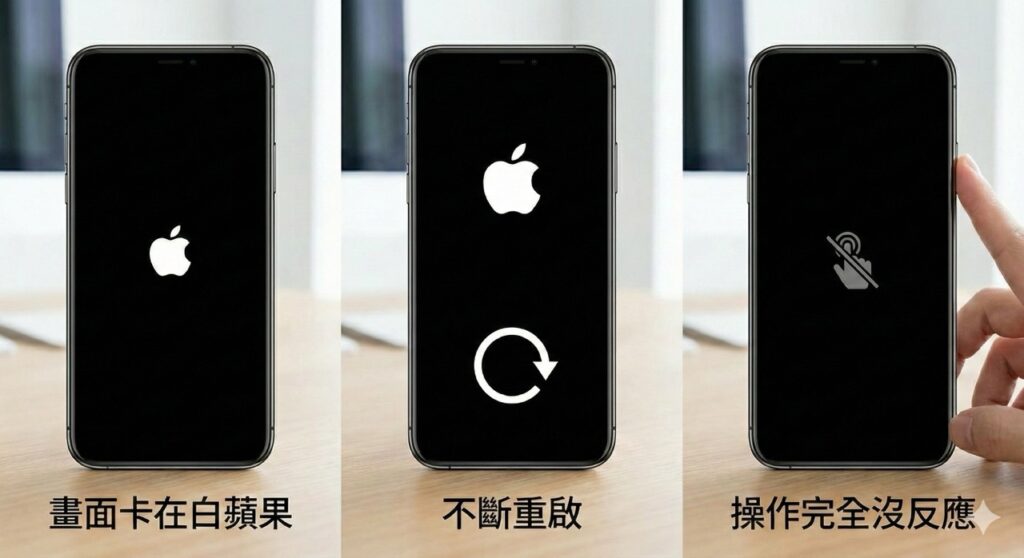 iPhone 開不了機畫面卡白蘋果、手機不斷重啟、手機操作沒反應等狀況,可以操作以下步驟自救看看